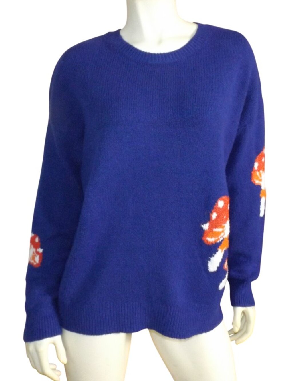 HOOKED UP Sweater, L, Cobolt Blue, Mushrooms, Soft/Plush, Long sleeve Crew neck